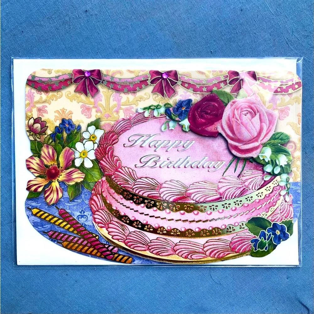 Punch Studio Single(1) 3D Die-Cut Floral Birthday Cake Card Env+Seal 5x7 (66844)
